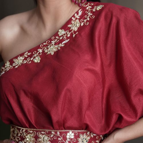 Amber Maroon One Shoulder Gown Fashion Designers India 11