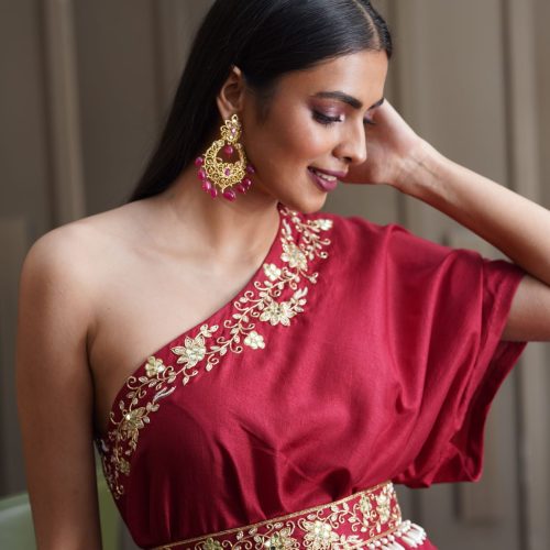 Amber Maroon One Shoulder Gown Fashion Designers India 13