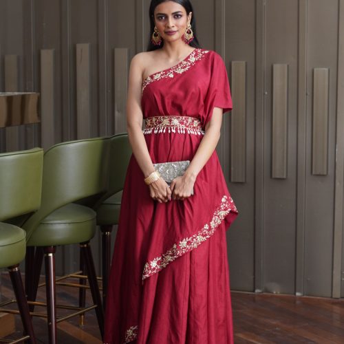 Amber Maroon One Shoulder Gown Fashion Designers India 3