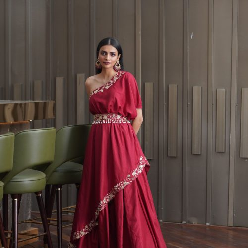 Amber Maroon One Shoulder Gown Fashion Designers India 4