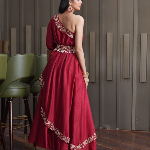 Amber Maroon One Shoulder Gown Fashion Designers India 5