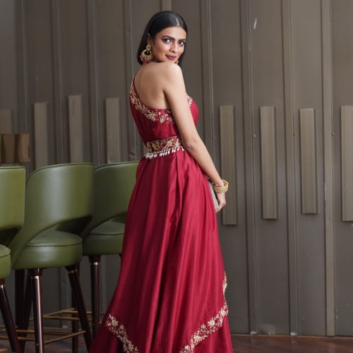 Amber Maroon One Shoulder Gown Fashion Designers India 6
