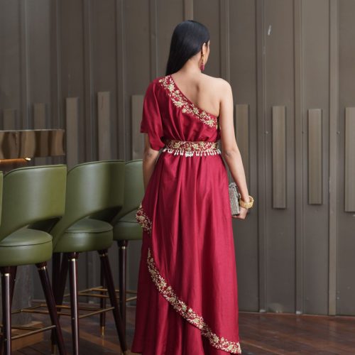 Amber Maroon One Shoulder Gown Fashion Designers India 7