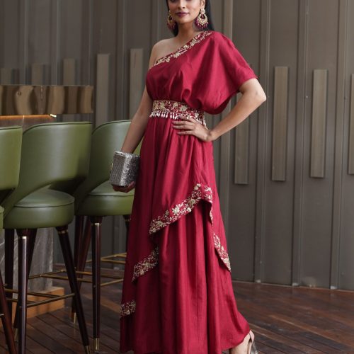 Amber Maroon One Shoulder Gown Fashion Designers India 8