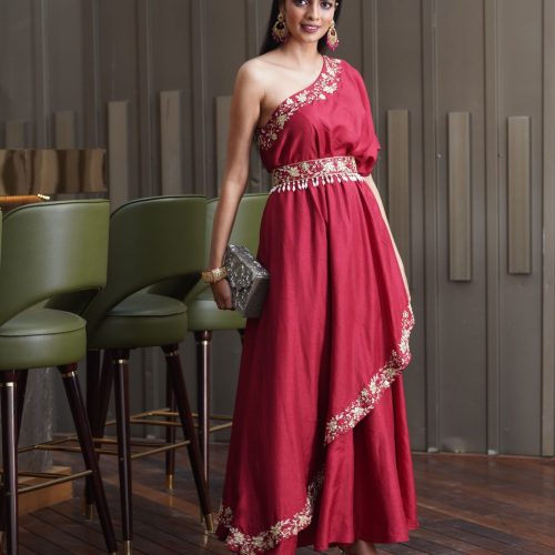 Amber Maroon One Shoulder Gown Fashion Designers India 9