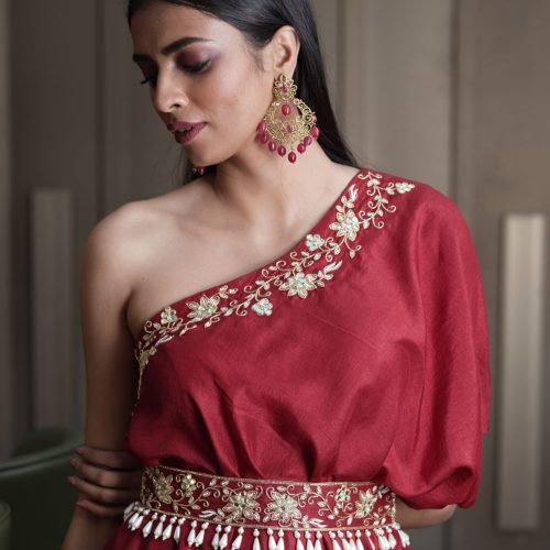Amber Maroon One Shoulder Gown Fashion Designers India 10