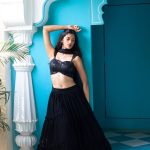 Black Embroidered Blouse with Tiered Skirt and Net Dupatta Fashion Designers India 2