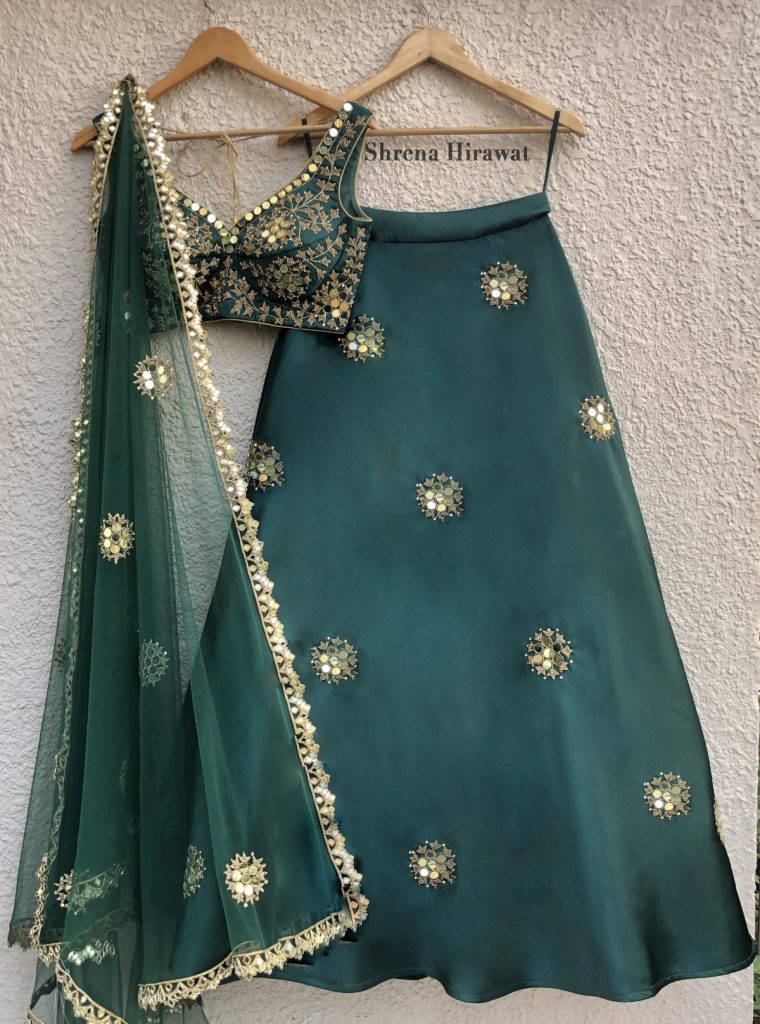 Emerald Green Mirror Work Lehenga Fashion Designers India