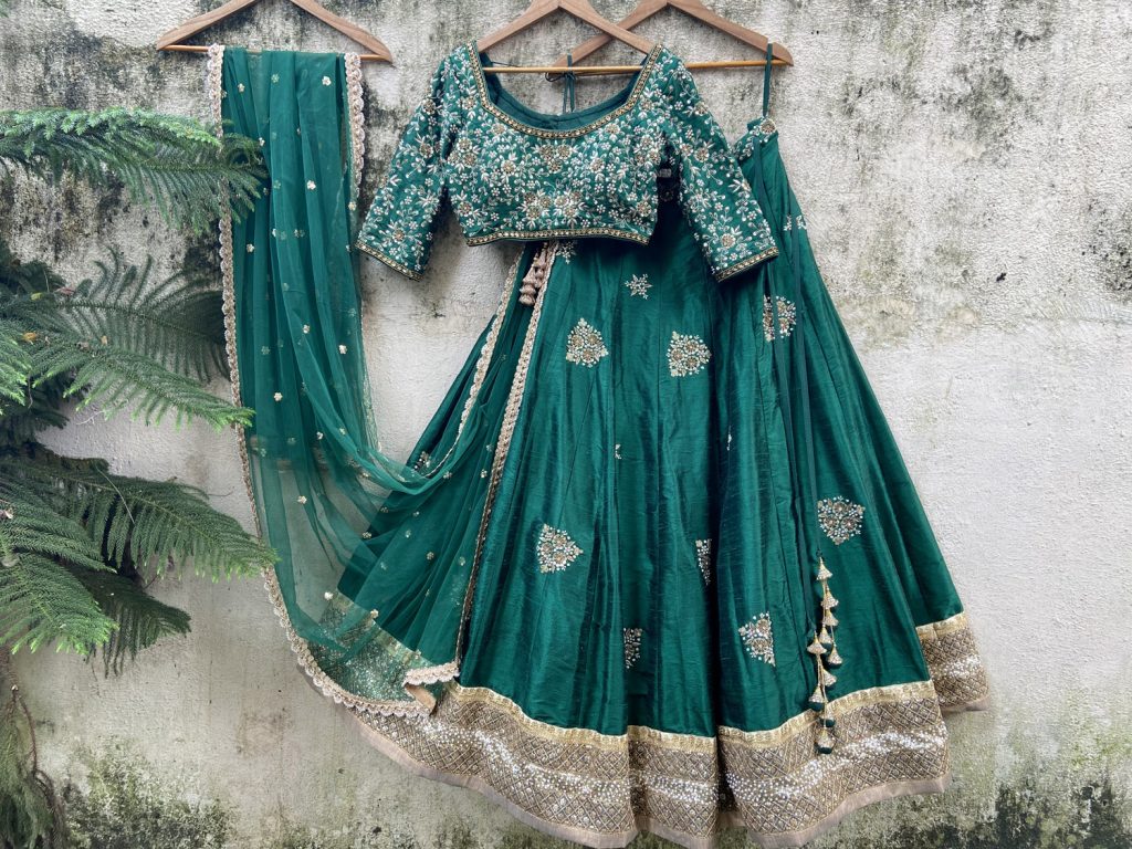 Emerald Green Raw Silk Lehenga Set - Designer Brand Priti Sahni - London England United Kingdom - Black Thread Co - 3
