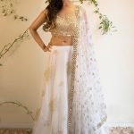 Gold Mirror Work Blouse with White Pearl Lehenga and Net Dupatta Fashion Designers India 2