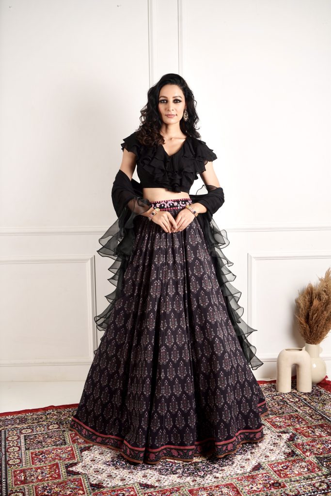 IMAARA - Black Ruffled Blouse And Printed Lehenga - Designer Brand Rashika Sharma - London England United Kingdom - Black Thread Co - 10
