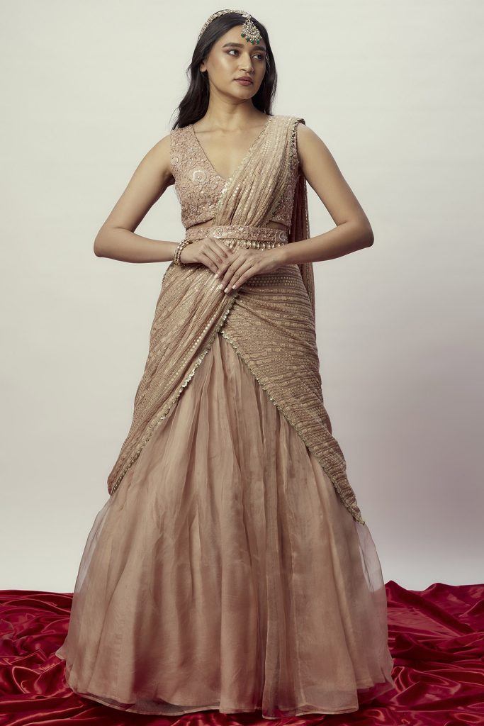 Inaya Rose Gold Lehenga Saree Fashion Designers India