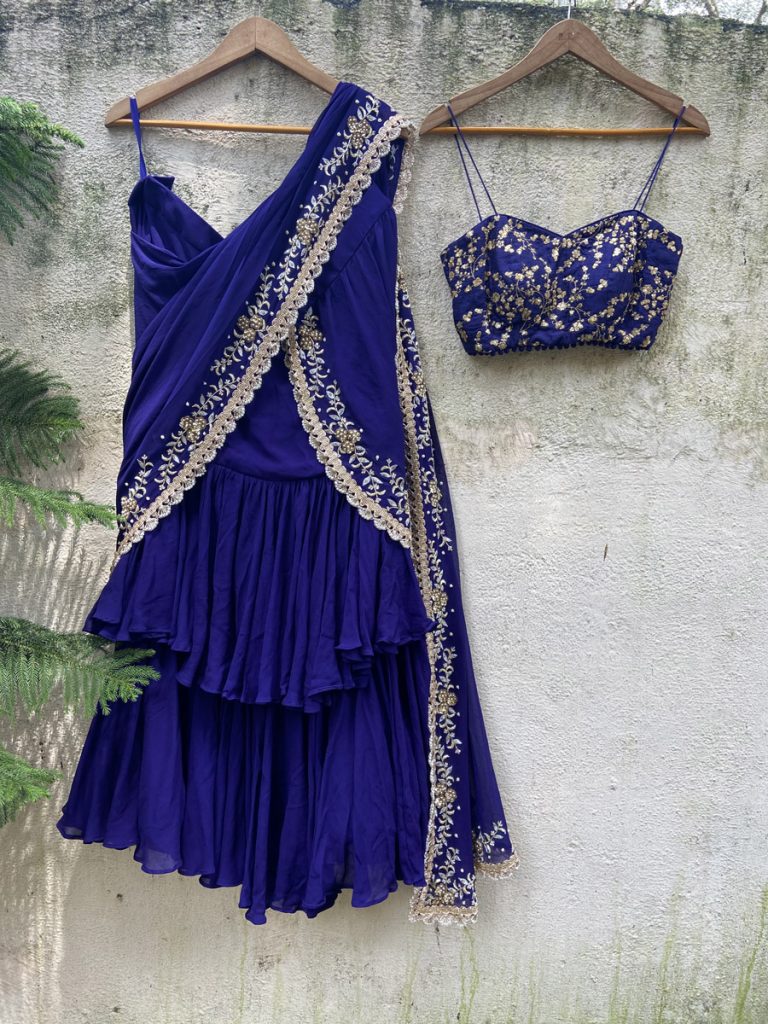 Indigo Blue Draped Ruffle Saree Fashion Designers India