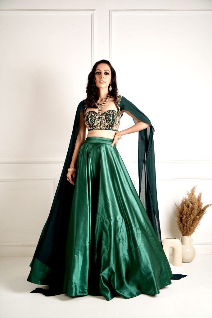 MEERA - Green Blackout Satin Lehenga - Designer Brand Rashika Sharma - London England United Kingdom - Black Thread Co - 1