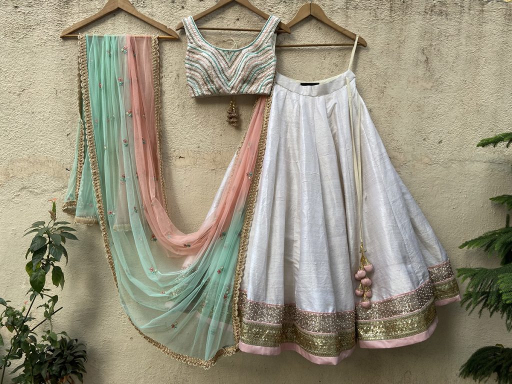 Off-White Raw Silk Lehenga Set with Colorful Blouse Fashion Designers India