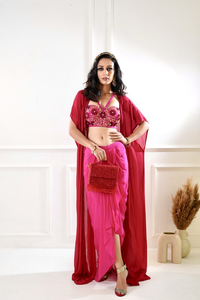 SHIRIN - Maroon and pink Drape Skirt and Cape - Designer Brand Rashika Sharma - London England United Kingdom - Black Thread Co - 1