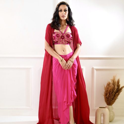 Shirin Maroon and Pink Drape Skirt and Cape Fashion Designers India 5