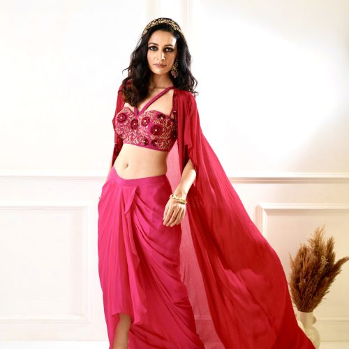 Shirin Maroon and Pink Drape Skirt and Cape Fashion Designers India 7