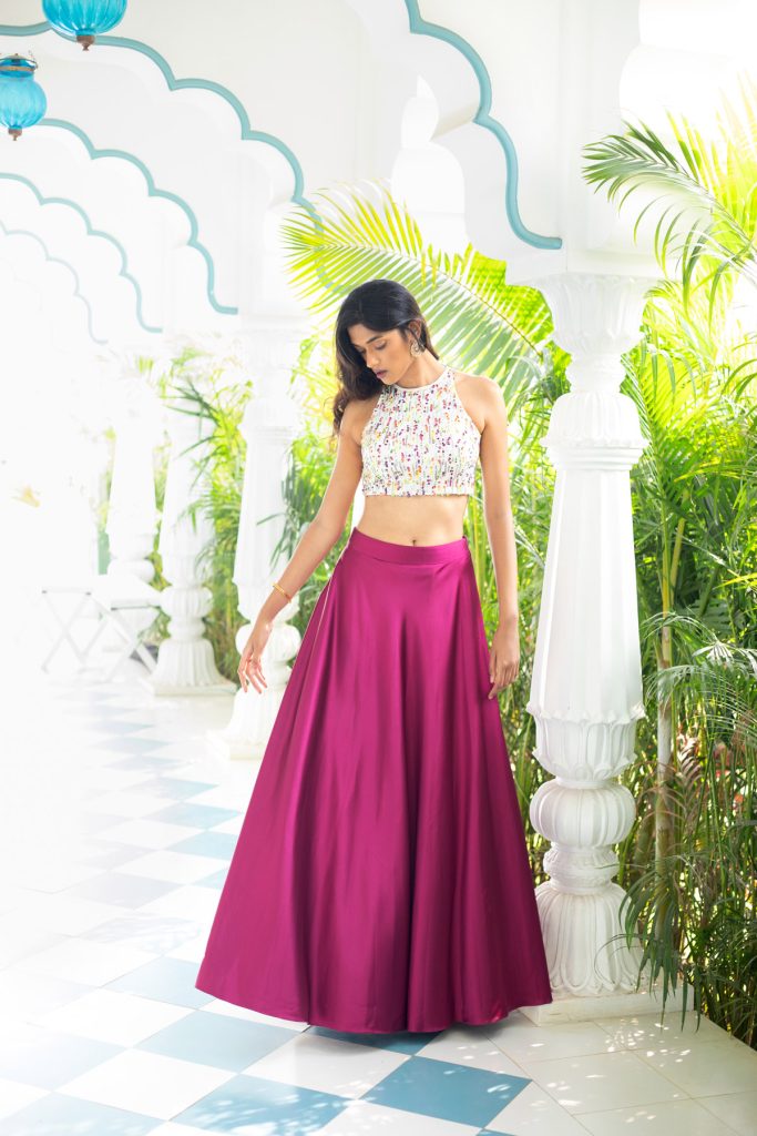 White Incut Multi Sequins Blouse with Rani Pink Bridal Satin Skirt Fashion Designers India