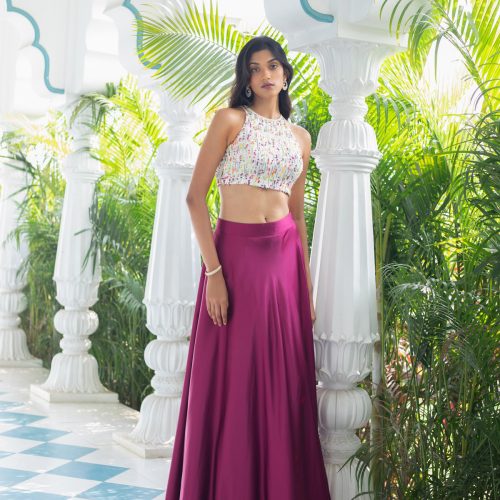 White Incut Multi Sequins Blouse with Rani Pink Bridal Satin Skirt Fashion Designers India 3