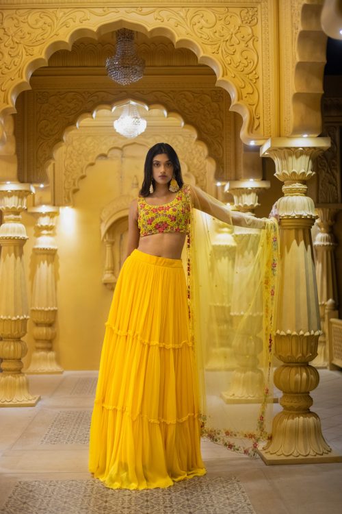 Yellow Embroidered Blouse and Dupatta with Tiered Skirt Fashion Designers India 2