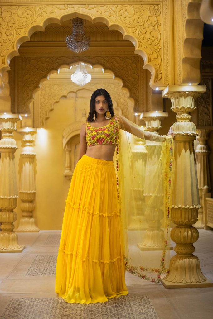 Yellow Embroidered Blouse and Dupatta with Tiered Skirt Fashion Designers India