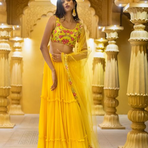 Yellow Embroidered Blouse and Dupatta with Tiered Skirt Fashion Designers India 3