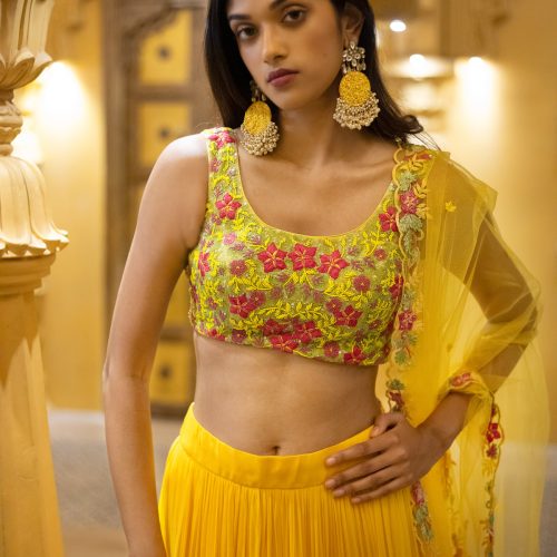 Yellow Embroidered Blouse and Dupatta with Tiered Skirt Fashion Designers India 4