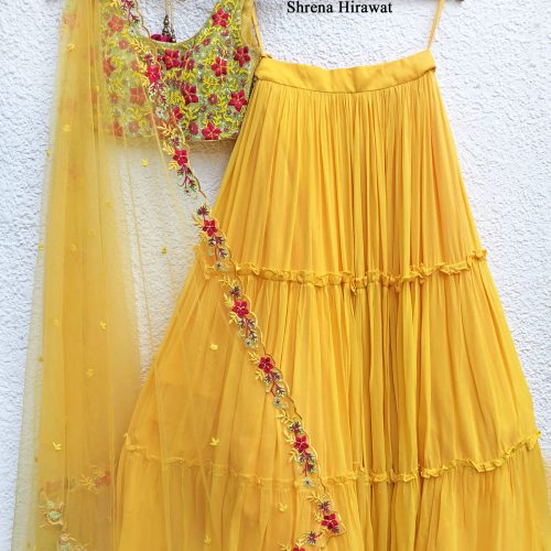 Yellow Embroidered Blouse and Dupatta with Tiered Skirt Fashion Designers India 5