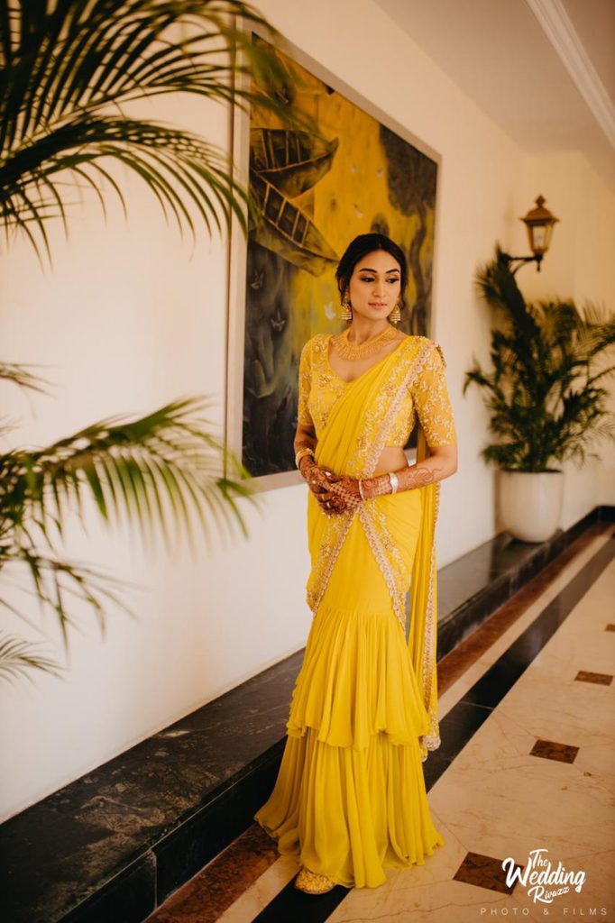 Mustard Ruffled Embroidered Pre-stitched Saree Fashion Designers India